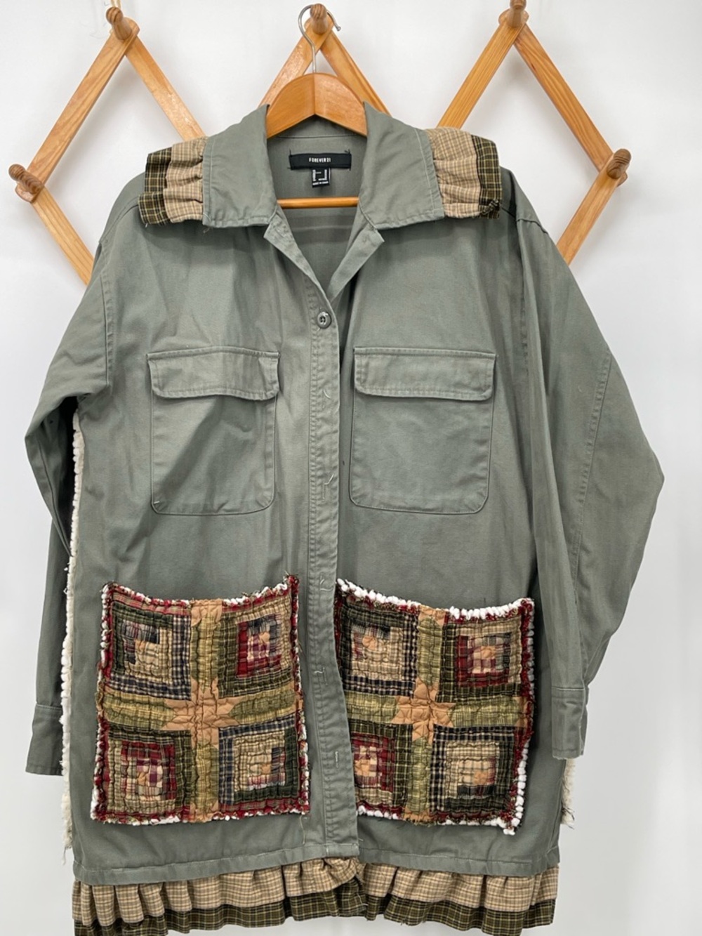 Forever 21 Olive Green Utility Jacket with Handmade Patchwork Accents - Picture 1 of 7